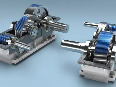 Industrial Gearbox Helical Gear Train Gray Open 3D model