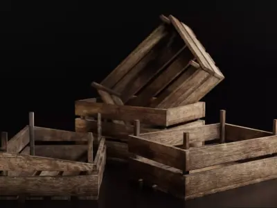 Set of three 3 wooden storage boxes Crate Low-poly  Low-poly 3D model