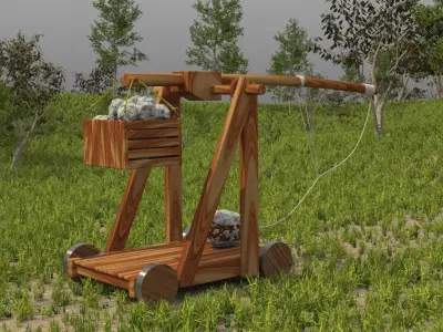 Trebuchet wooden wheelbarrow in middle of field 3D model