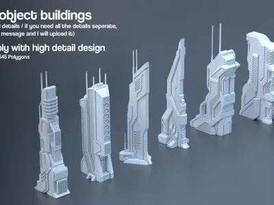 Sci Fi Building Pack - 6 Futuristic Skyscraper Architecture  Set Low-poly 3D model