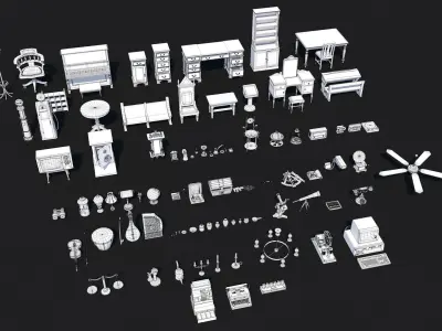 80 Vintage Antique Interior Exterior Furniture Props Collection Low-poly 3D model