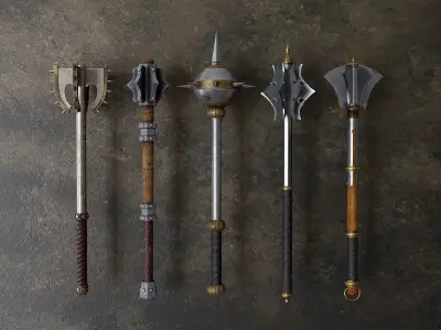 Set of five maces Low-poly 3D model