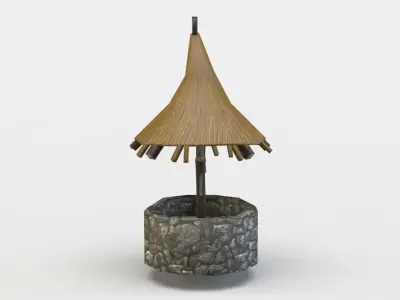 Well stone pot with thatched roof Low-poly 3D model