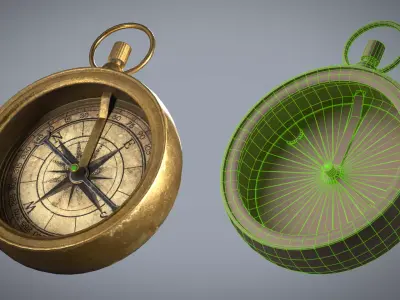 Game Ready Aged Antique Brass Compass -  Low-poly 3D model