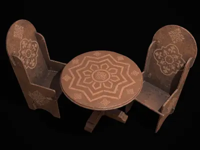 Elegant Round Table and High Wood Chairs 3D Model Pack