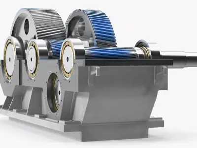 Industrial Gearbox Helical Gear Train Gray Open 3D model