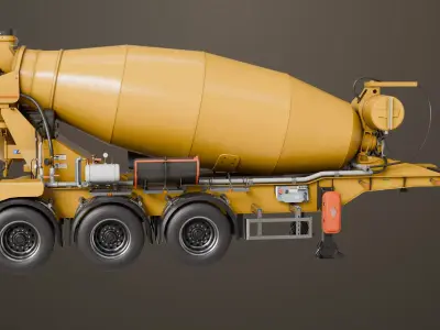 Cement Mixer Yellow Trailer Rigged All PBR Unity UE Textures Low-poly 3D model