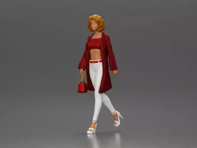 Woman with curly hair wearing red coat walking holding handbag 3D print model