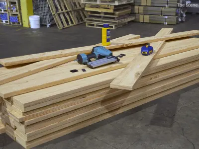 Pinewood Planks with Air Nail Gun and Chalk Reel 3D model