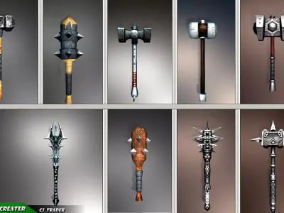 Fantasy Mace - Hammer Collection Pack Low-Poly 3D Model