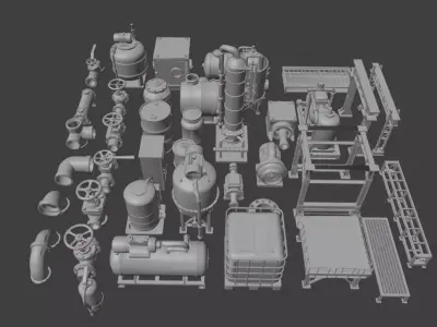 Chemical plant inspired machinery pack Low-poly 3D model