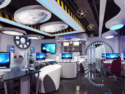 cybercafe futuristic office with computer desks and monitors 3D model