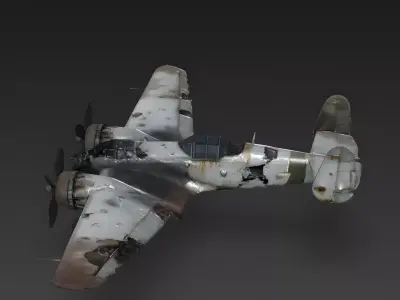 Realistic Wrecked Twin-Engine Bomber 3D Model Low-poly 3D model