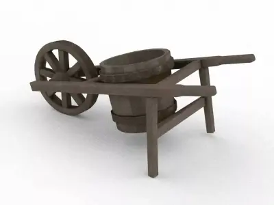 Traditional Chinese wooden wheelbarrow equipped with a bucket Low-poly 3D model