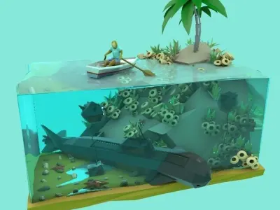 Lowpoly Submarine fish tank with boat and palm trees Low-poly 3D model