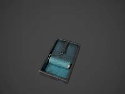 Paint Roller and Tray - Blue Paint Low-poly 3D model