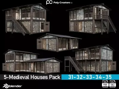 Medieval Houses Pack 31-32-33-34-35 - 4K Textures Game Ready Low-poly 3D model