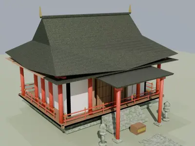 Japanese Buddhist Temple Hondo Low Poly 3D Model  Low-poly 3D model