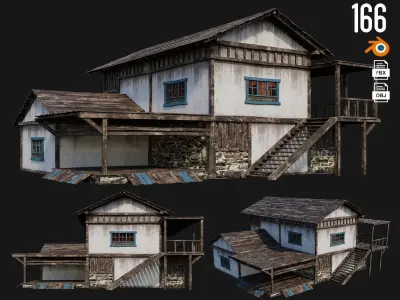 4 Old House Building Pack 4K Textures GameReady 165 to 168 Low-poly 3D model