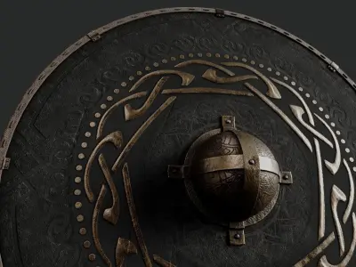 Slavic round leather shield-painted black with nordic symbol Low-poly 3D model