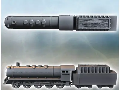 Set of steam locomotive with five axles and a coal wagon at the  3D print model