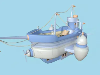Cartoon Airship 01 - White Blue - Low Poly Ship Low-poly 3D model