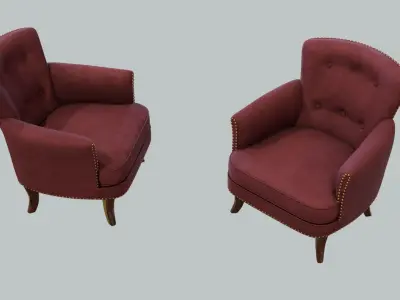 Vintage Chair Burgundry Velvet Upholstery Dark Walnut Legs Low-poly 3D model