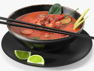 Tom Yum Soup in Bowl with Lime 3D model
