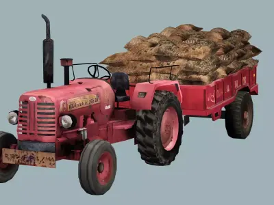Tafe Tractor X2 With Trailer 3D Model Low-poly 3D model