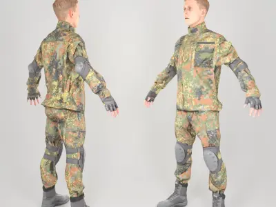 Young German soldier in uniform in A-pose 144 Low-poly 3D model