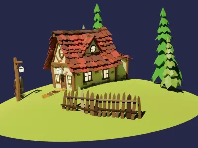 Low Poly House cottage on hill Free low-poly 3D model