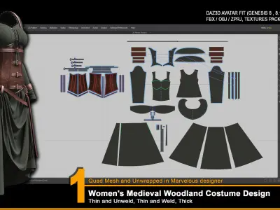 Women Medieval Woodland Costume Design - ZPRJ-FBX-OBJ Files 3D model