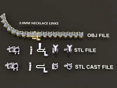 3-PRONG TENNIS DIAMOND NECKLACE LINK 3MM 3D print model