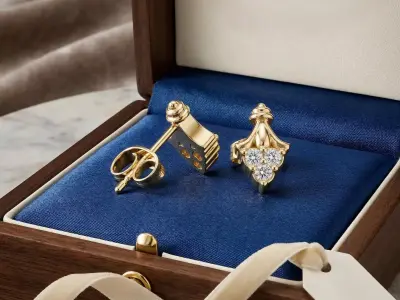 Vintage Bell Motif Floral Diamond Cluster Drop Stud Earrings 3D print model