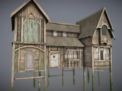 Medieval Lake Village - House 6 with interiors Low-poly 3D model