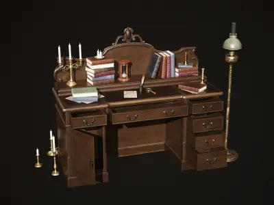 Grand Victorian Desk with Props Low-poly 3D model