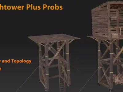Wooden Medieval Watchtower-Plus Probs And Texture-Game Ready Low-poly 3D model