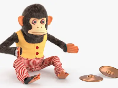 Windup Monkey Toy with Cymbals Striped Red Fur for Cinema 4D 3D model