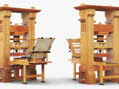 Gutenberg Printing Press with Ink Table Brown Vintage 3D model