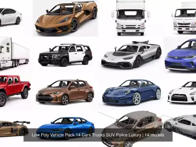 Low Poly Vehicle Pack 14 Cars Trucks SUV Police Luxury