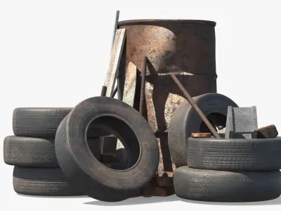 Rusty Barrel With Tires And Rubble 3D model