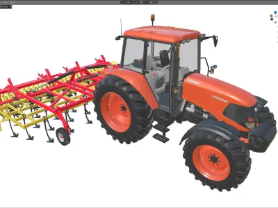 Kubota M130X1 Tractor and Agricultural Cultivator Low-poly 3D model