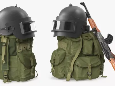 Armor Helmet with Ak-47 Rifle and Tactical Backpack 3D model purchase