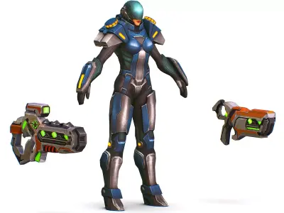 Woman Cyborg Soldier with Rifle and Pistol  Low-poly 3D model