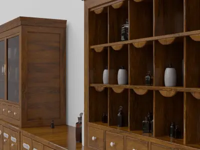 Modular apothecary cabinet with bottles and jars Low-poly 3D model