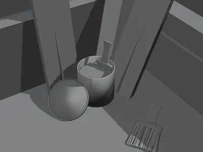 wooden boards paint and two brushes 3D model