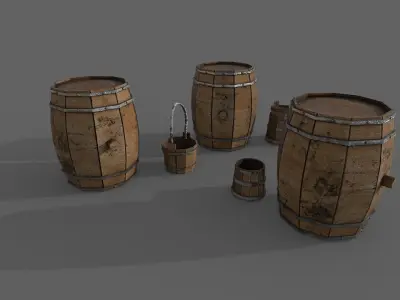 Barrel set of wooden barrels Free low-poly 3D model