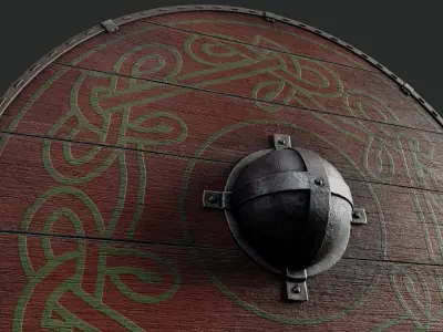 Slavic round wooden shield-painted red with green nordic symbol Low-poly 3D model