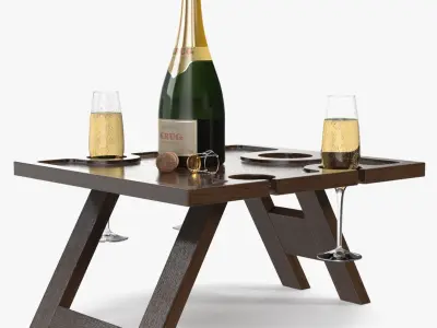 Champagne Picnic Table with Glasses and Cork 3D model