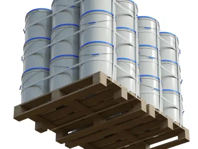 Plastic Paint Buckets On Wood Pallets 3D model